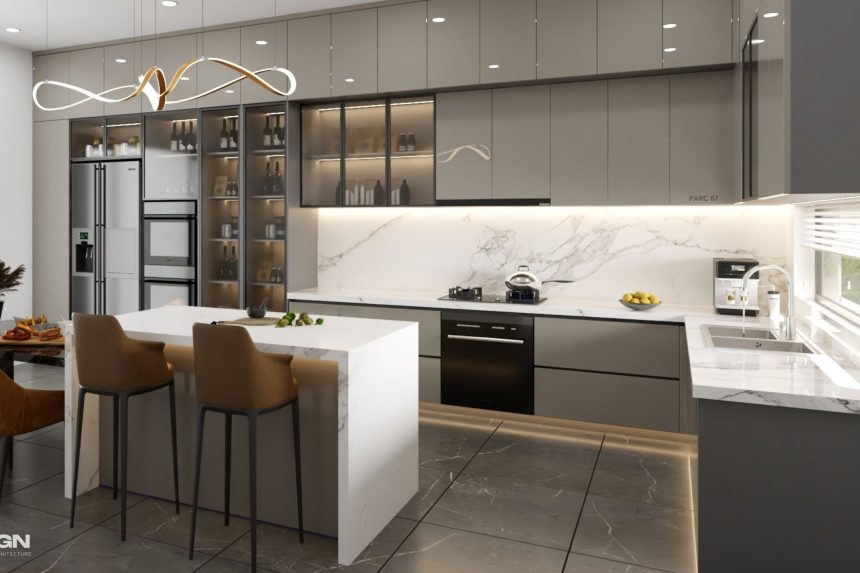 Thiết kế tủ bếp Acrylic màu xám nhạt 03