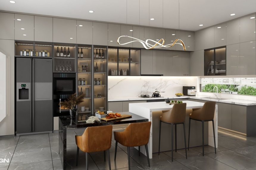 Thiết kế tủ bếp Acrylic màu xám nhạt 04