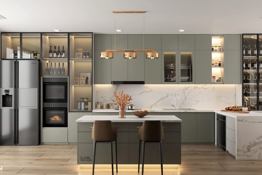 Thiết kế tủ bếp acrylic màu xanh ghi - 01
