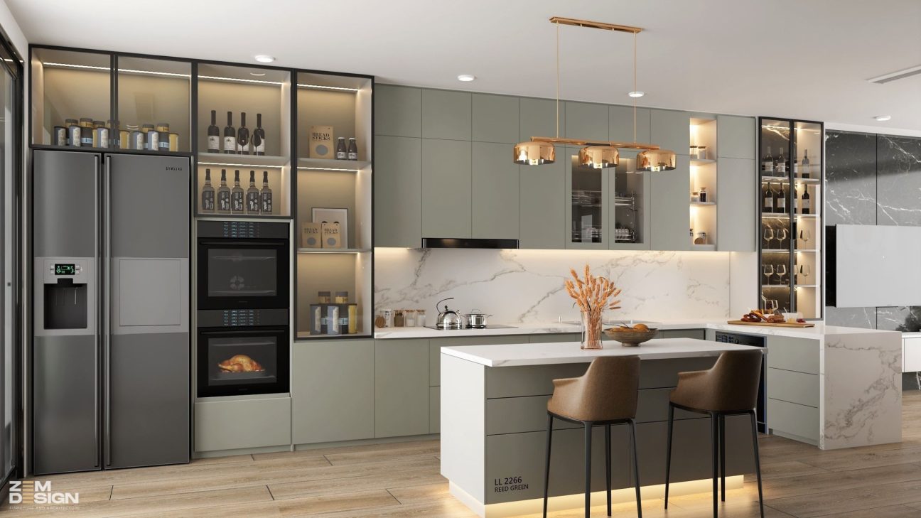 Thiết kế tủ bếp acrylic màu xanh ghi - 02
