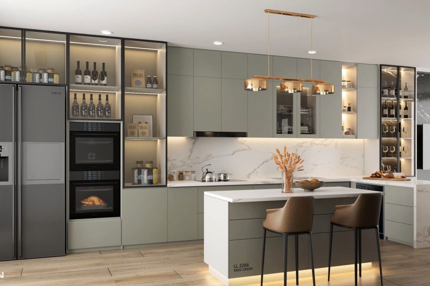 Thiết kế tủ bếp acrylic màu xanh ghi - 02