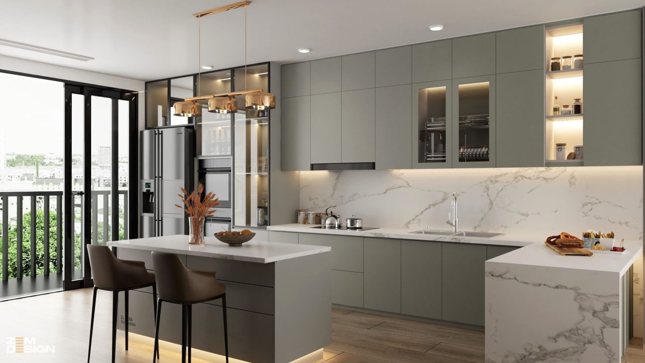 Thiết kế tủ bếp acrylic màu xanh ghi - 03