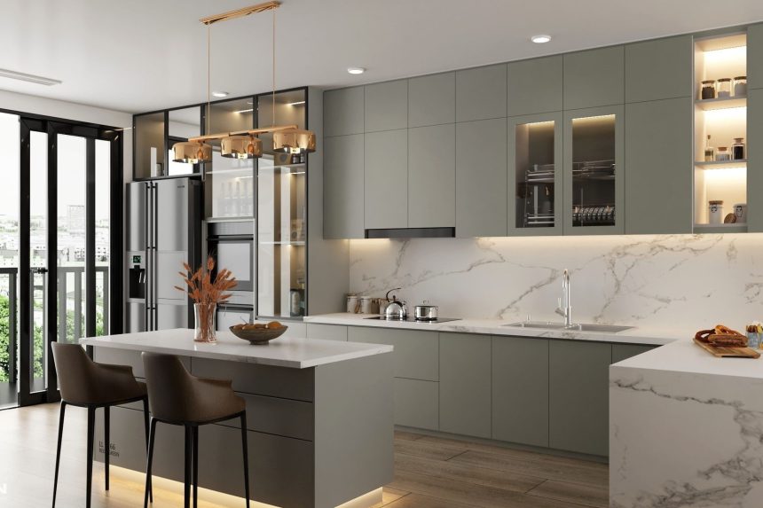 Thiết kế tủ bếp acrylic màu xanh ghi - 03