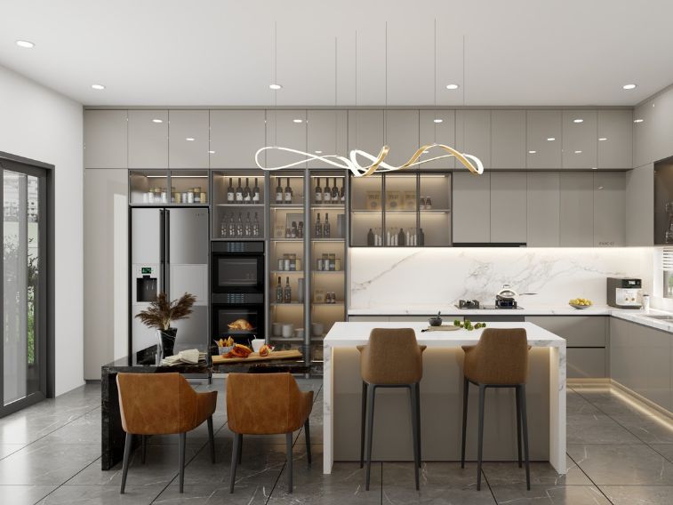Tủ bếp Acrylic màu xám nhạt