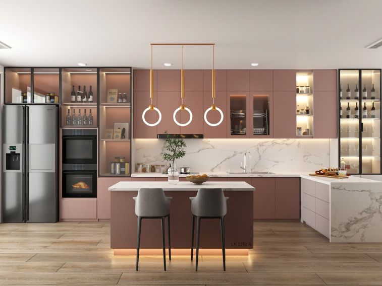 Tủ bếp gỗ màu hồng