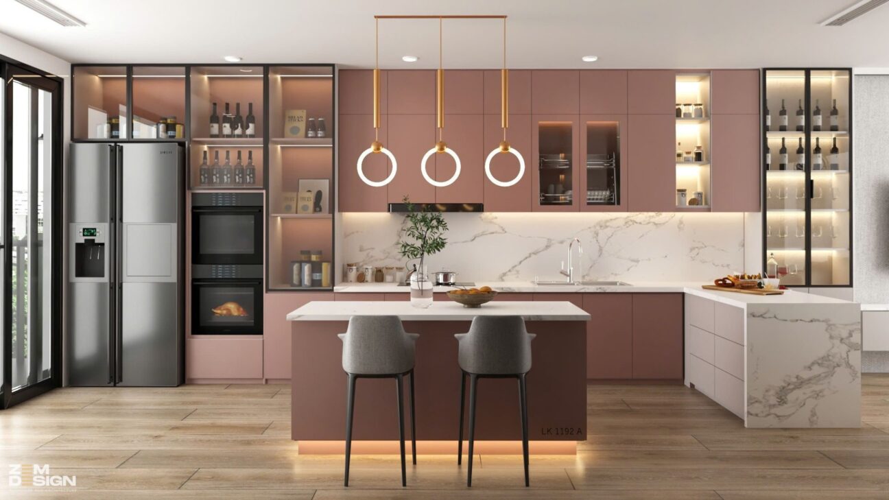 Thiết kế tủ bếp gỗ màu hồng - 01