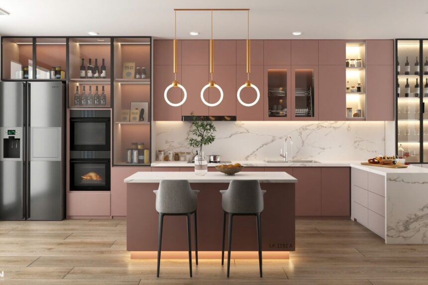 Thiết kế tủ bếp gỗ màu hồng - 01