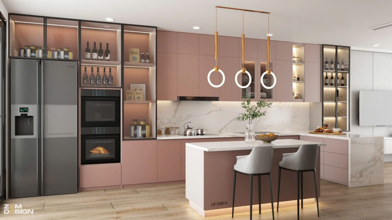 Thiết kế tủ bếp gỗ màu hồng - 02