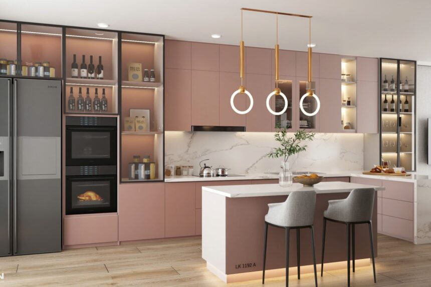 Thiết kế tủ bếp gỗ màu hồng - 02