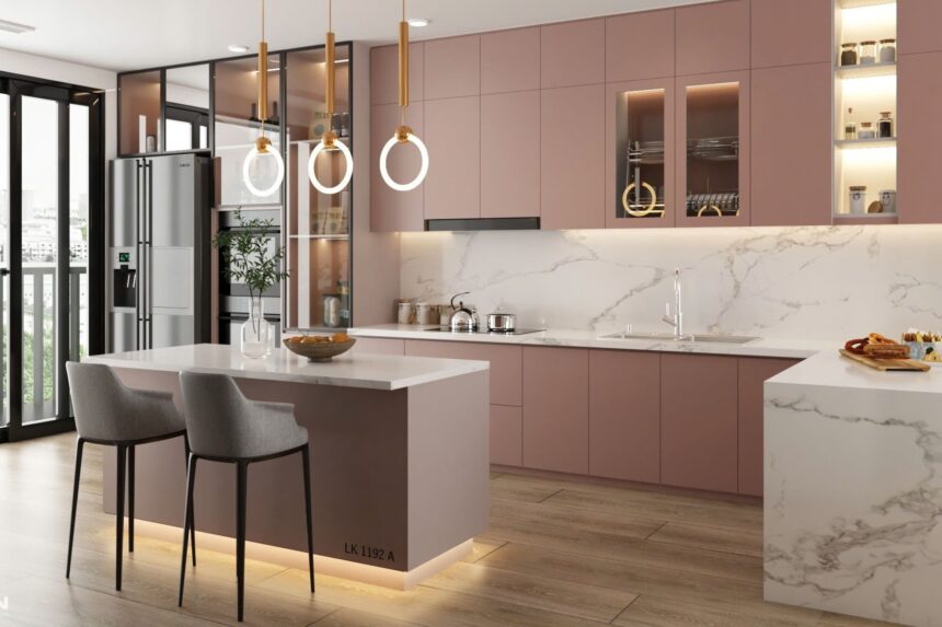 Thiết kế tủ bếp gỗ màu hồng - 03