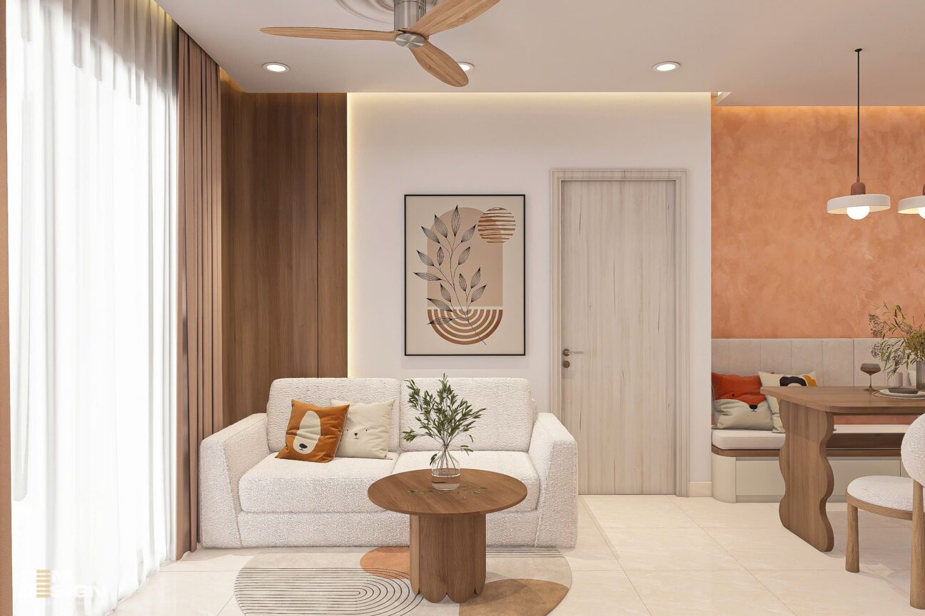 Thiết kế phòng khách liền bếp phong cách Wabi Sabi hiện đại 01