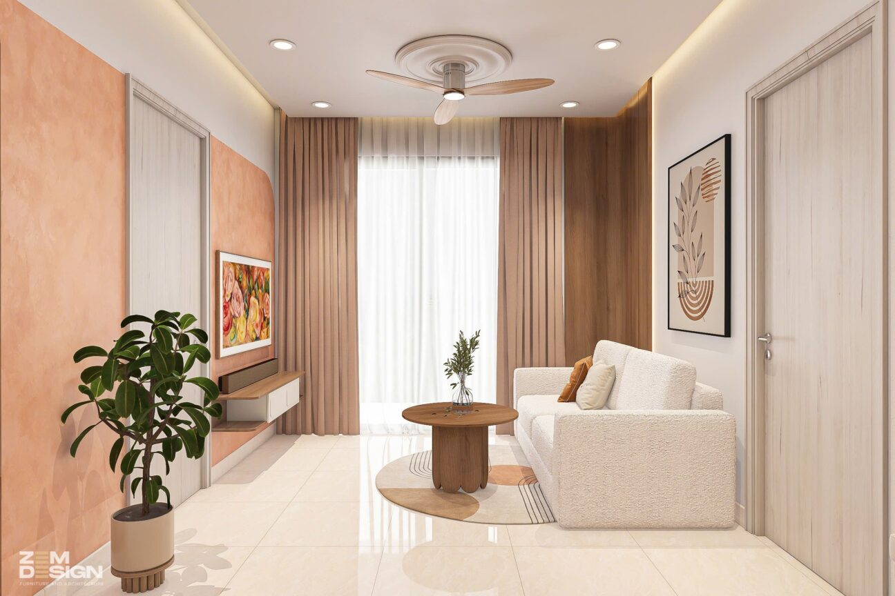 Thiết kế phòng khách liền bếp phong cách Wabi Sabi hiện đại 02