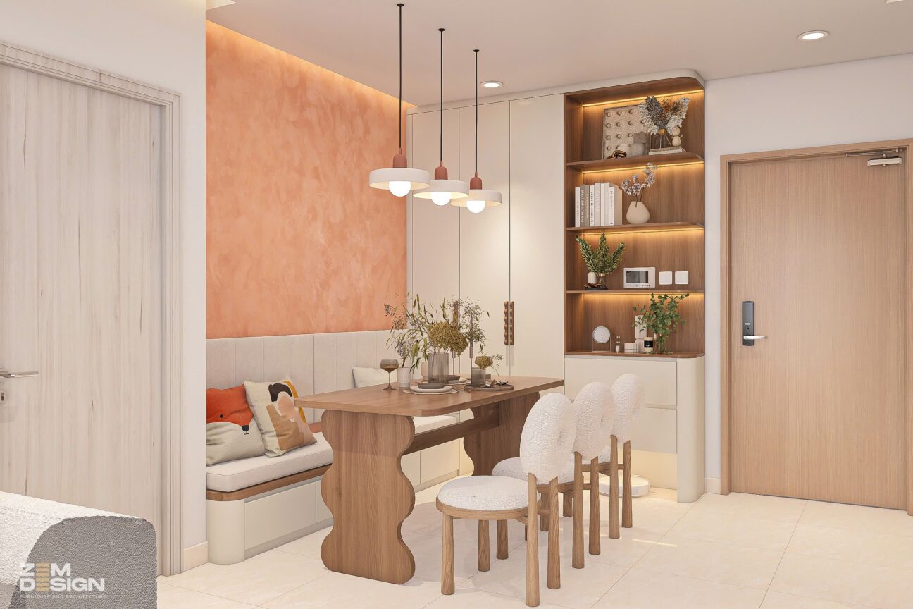 Thiết kế phòng khách liền bếp phong cách Wabi Sabi hiện đại 04