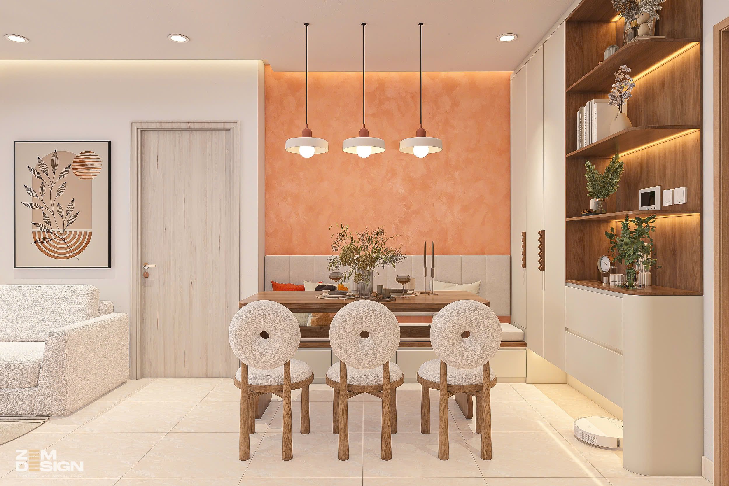 Thiết kế phòng khách liền bếp phong cách Wabi Sabi hiện đại 05