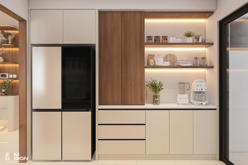 Thiết kế phòng khách liền bếp phong cách Wabi Sabi hiện đại 06