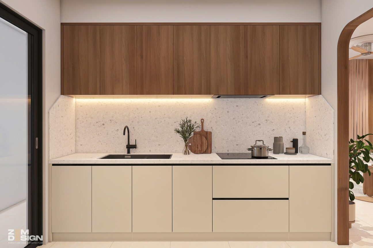Thiết kế phòng khách liền bếp phong cách Wabi Sabi hiện đại 07