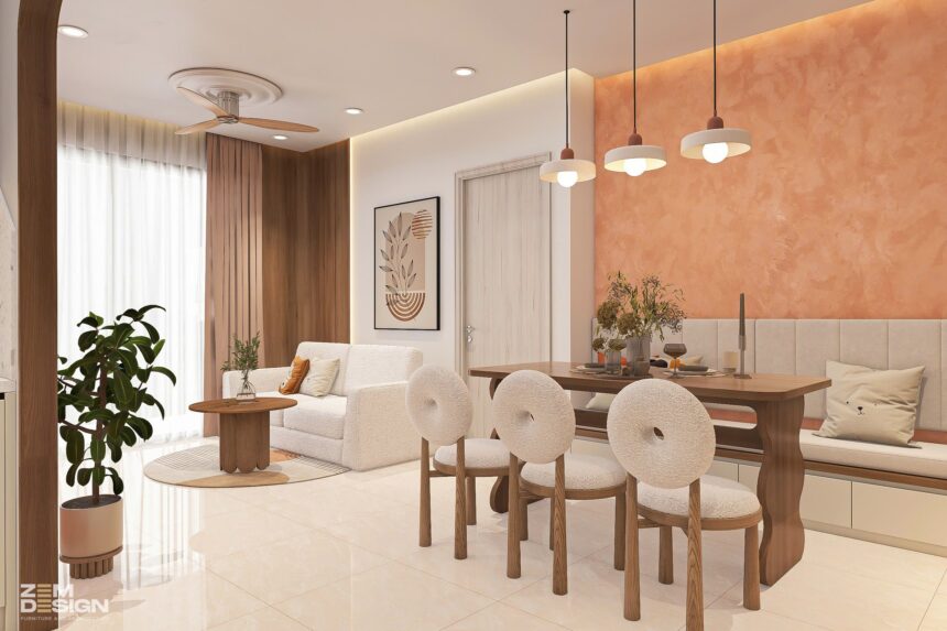 Thiết kế phòng khách liền bếp phong cách Wabi Sabi hiện đại 08