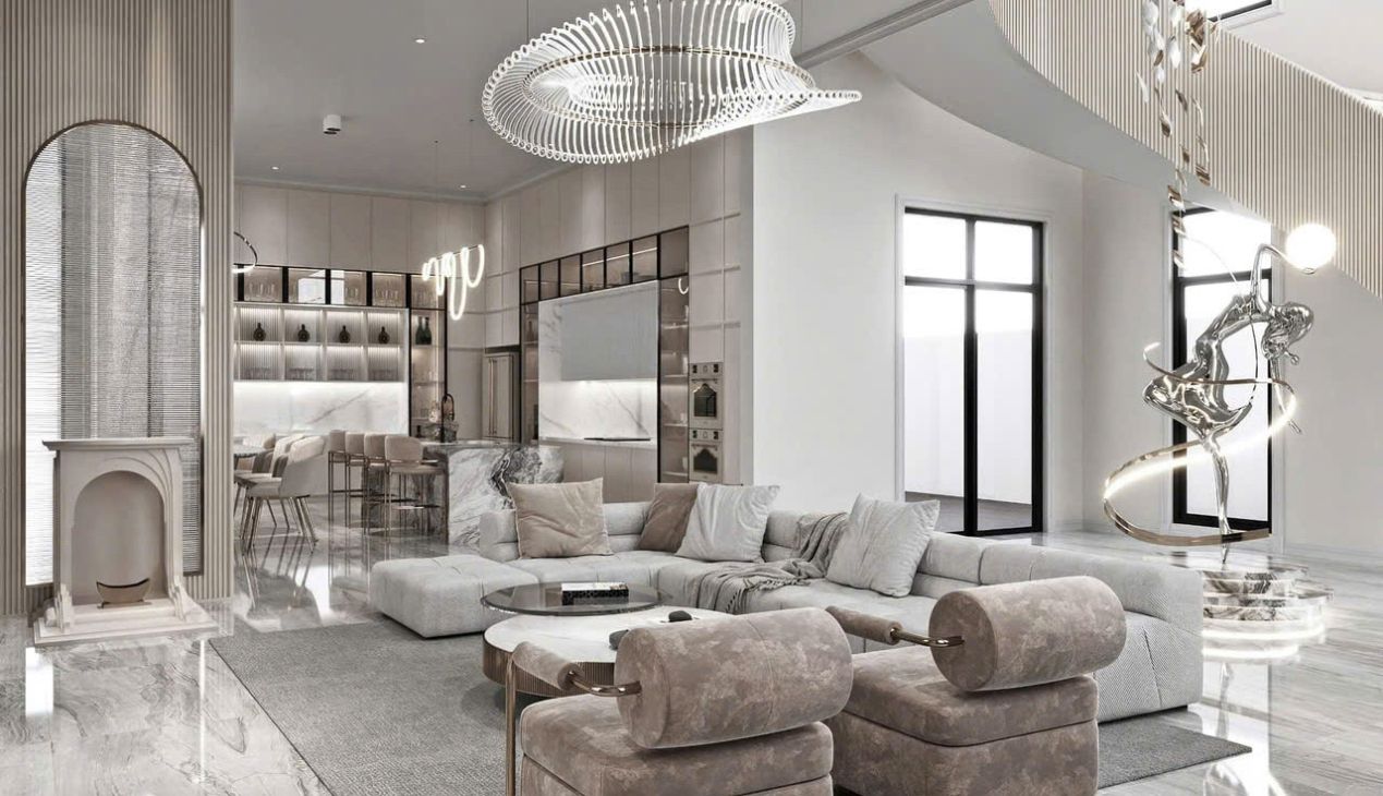 Mẫu phòng khách liền bếp 50m2 đẹp sang trọng