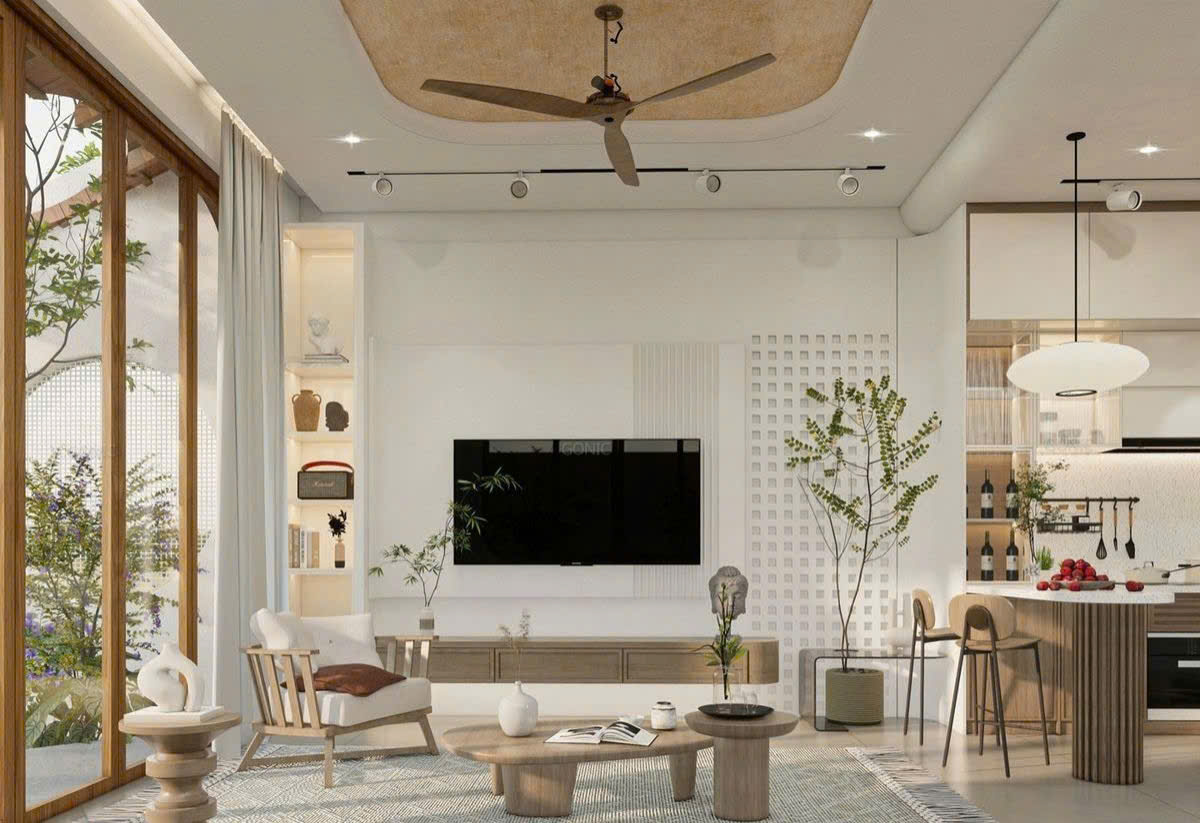 Phòng khách liền bếp nhà cấp 4 tiện nghi