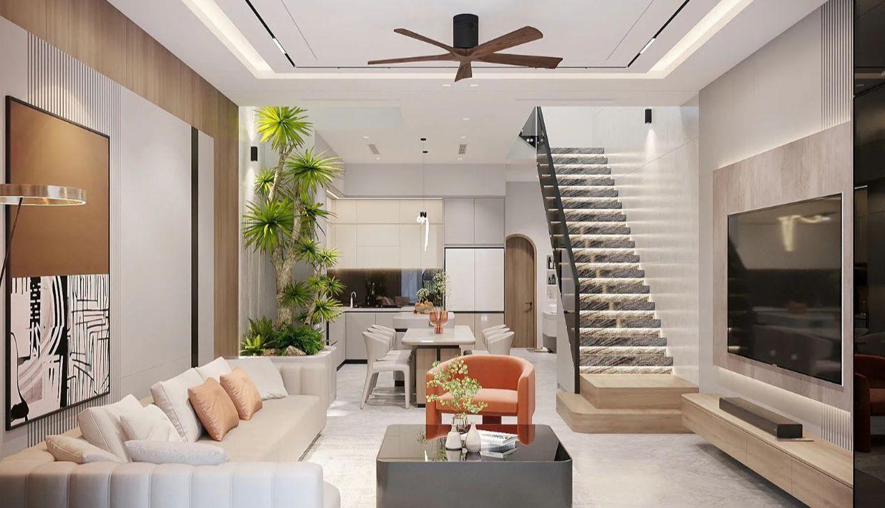 Phòng khách liền bếp nhà ống